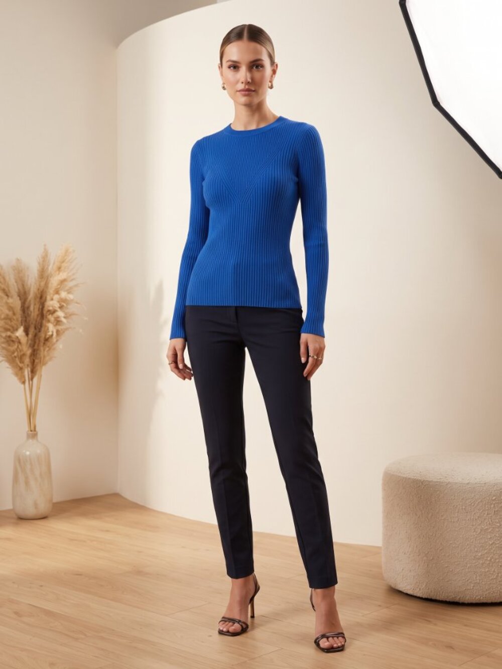 Mango Blue Ribbed Long-Sleeve Crewneck Top